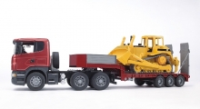BRUDER 03555 SCANIA R-SERIES LOW LOADER TRUCK WITH CAT BULLDOZER
