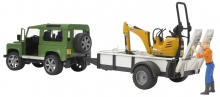 BRUDER 02593 LAND ROVER DEFENDER ONE AXLE TRAILER, JCB MICRO EXCAVATOR + WORKER