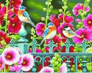 DIMENSIONS 91490 HOLLYHOCK GATE ( FLOWERS/BIRDS ) PAINT BY NUMBER ( 14 PULGX11 PULG )