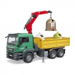 BRUDER 03753 MAN TGS TRUCK WITH 3 GLASS RECYCLING CONTAINERS + BOTTLES