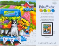 DIMENSIONS 91775 FLOWER POWER DOG IN BACK OF PICKUP TRUCK W SPRING FLOWERS PAINT BY NUMBER ( 11PULGX14PULG )