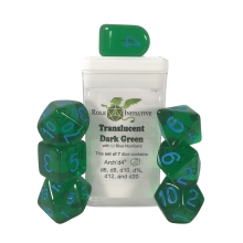 ROLE4 50112-7C SET OF 7 DICE WITH ARCH D4 TRANSLUCENT DARK GREEN WITH LT BLUE