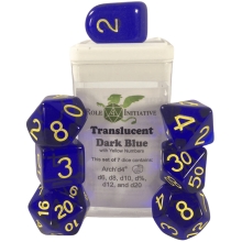 ROLE4 50108-7C SET OF 7 DICE WITH ARCH D4 TRANSLUCENT DARK BLUE WITH YELLOW