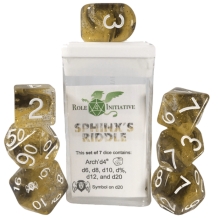 ROLE4 50538-7C-S SET OF 7 DICE WITH ARCH D4 SPHINXS RIDDLE WITH SYMBOL ESFINGE