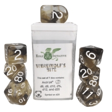 ROLE4 50536-7C-S SET OF 7 DICE WITH ARCH D4 WEREWOLFS BITE WITH SYMBOL HOBRE LOBO