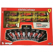 BURAGO 36864 1:43 FERRARI RACE FORMULA 7 CARS IN MODEL STAND